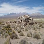 B48 Deserted house at Sajama with twin volcanos behind