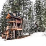 Meadowlark Treehouse at Montana Treehouse Retreat 33 Take your fantasy of living in a cabin in the woods to new heights with a stay at this stunning, two-story treehouse retreat at the gateway to Glacier National Park in Montana.