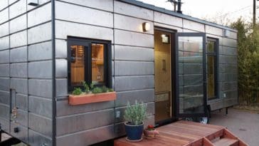 Saltbox was realized when Santa-Fe-based Extraordinary Structures worked with Los Alamos National Laboratory engineers on thermal efficiency and their panelized construction system cut by a CNC machine. The result was an environmentally-friendly tiny house with a contemporary design.