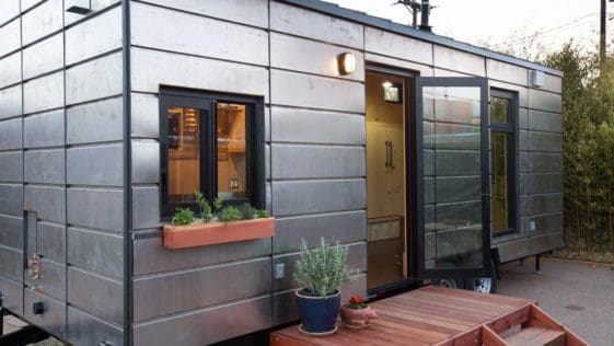 Saltbox was realized when Santa-Fe-based Extraordinary Structures worked with Los Alamos National Laboratory engineers on thermal efficiency and their panelized construction system cut by a CNC machine. The result was an environmentally-friendly tiny house with a contemporary design.