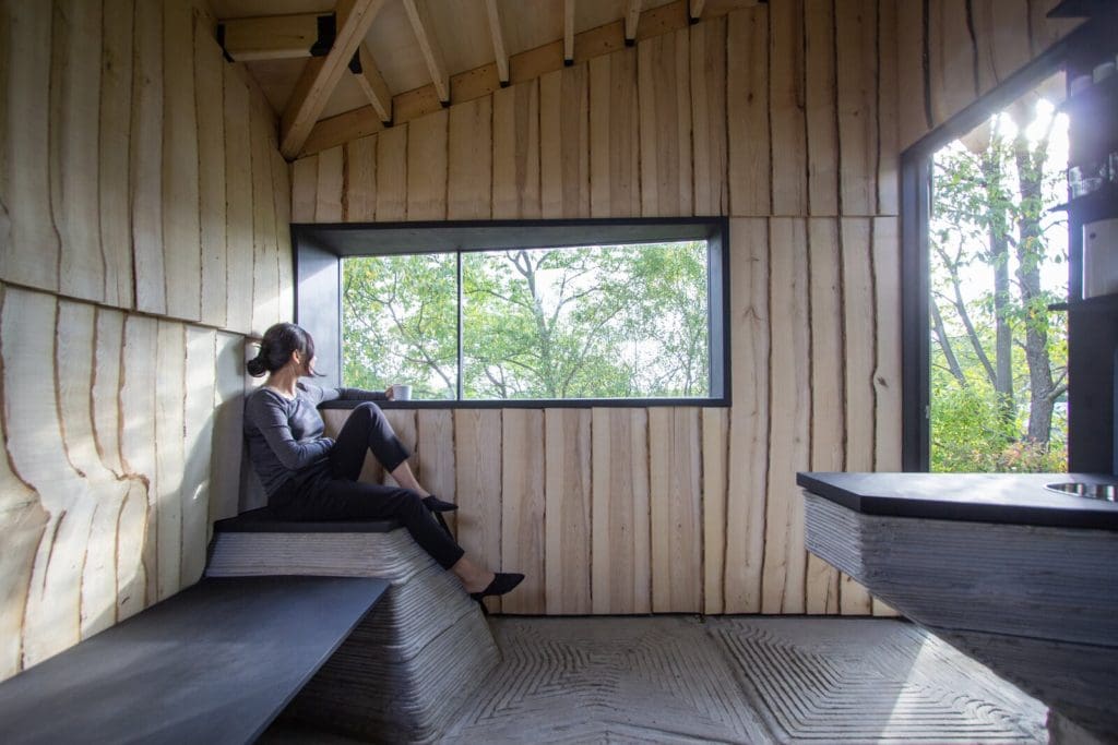 This Tiny 3D-Printed Cabin Makes a Big Statement About Sustainability 3 the cabin has a single room with a livingsleeping area a kitchen and a fireplace the floors are 3d printed concrete and the beetle infested wood siding was processed using robotic technology