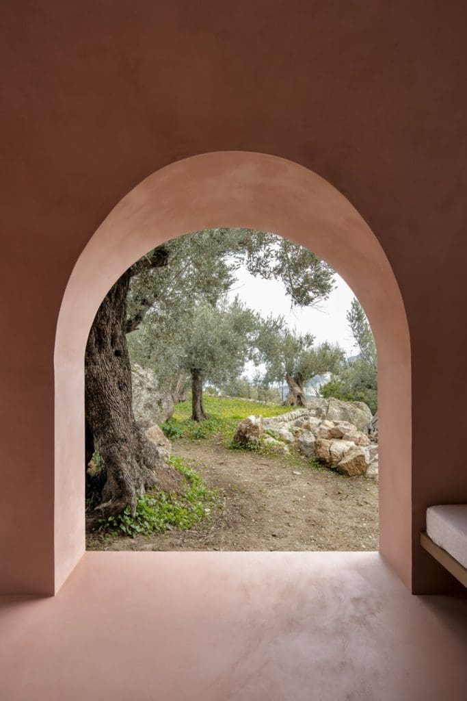 A Pair of Pink and Purple Tiny Houses Take Root in an Idyllic Olive Grove 1 the walls floor and ceiling