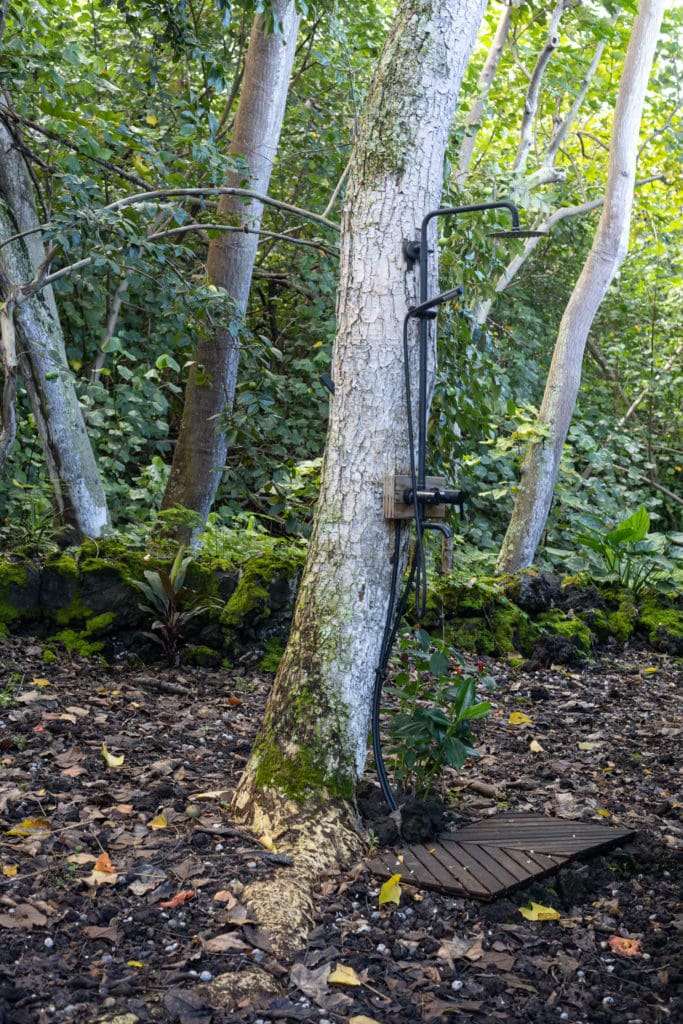 shower area in an off-grid cabin