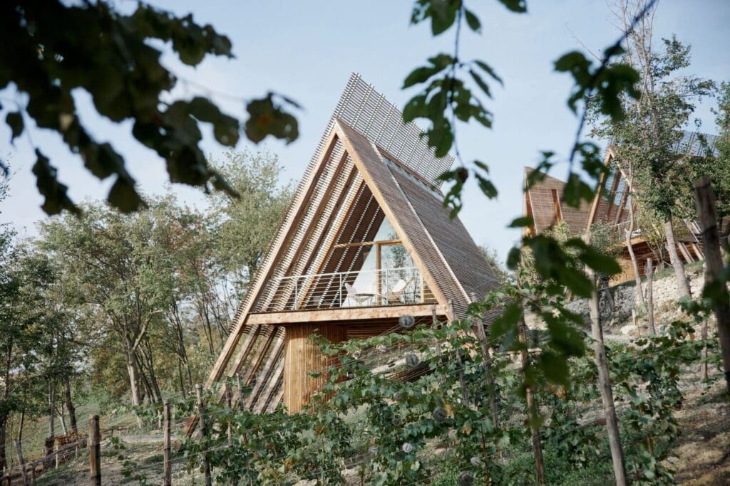 17 Inspiringly Creative Modern Wooden Houses 33 An inviting A-frame vacation rental surrounded by lush greenery, providing the perfect escape at Little Leisure Lodge.