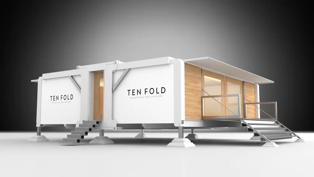 A groundbreaking self-deploying, foldable TF64 prefab home by Ten Fold Engineering.